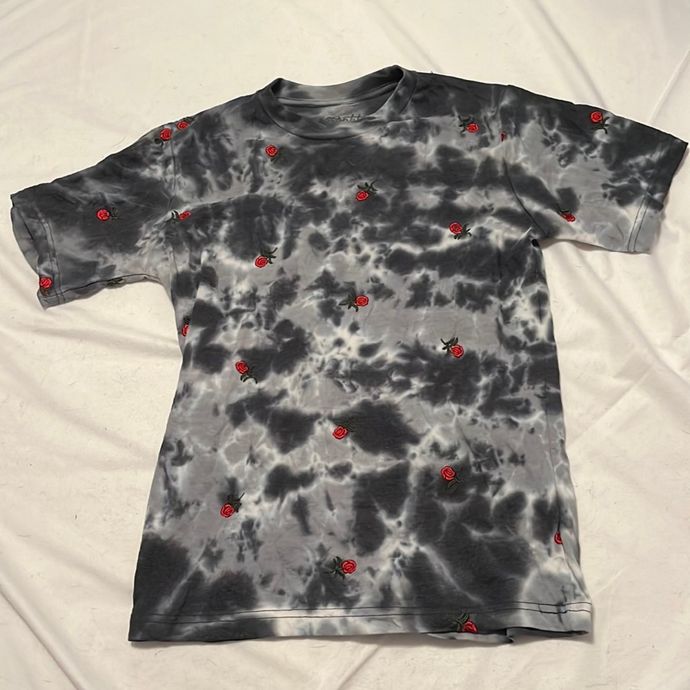 Tie dyed grey shirt with embroidered roses